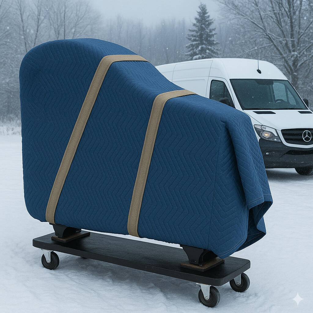 photo of a wrapped baby grand piano on skid board